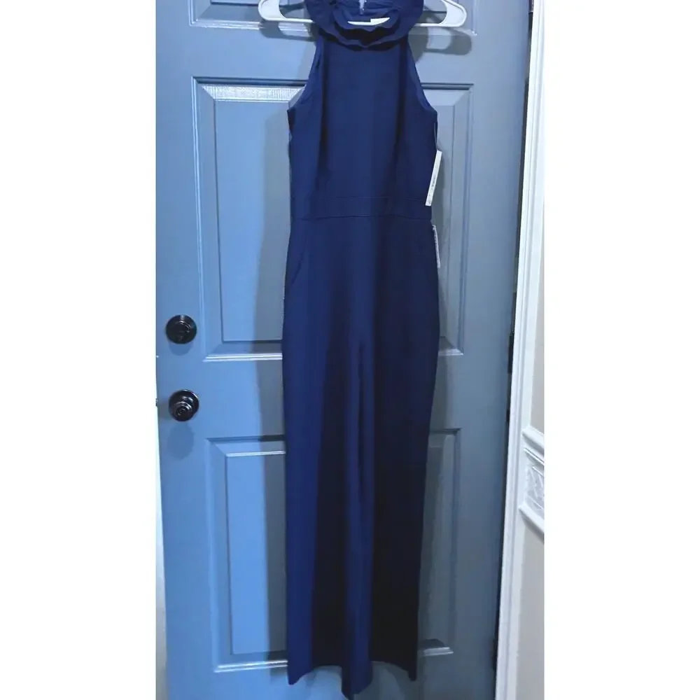 ELIZA J Womens Ruffle Halter Neck Jumpsuit Size 8 Navy NWT